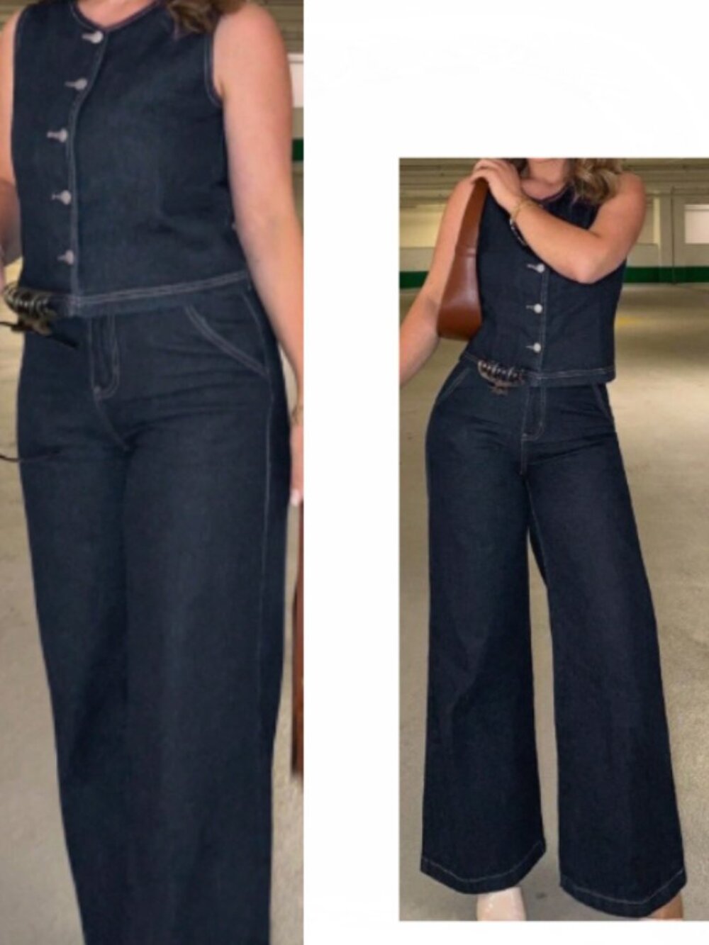 New Dark Blue Denim Set Top Vest and Jeans Large